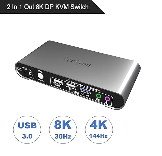 2 Port DP USB 3.0 Automatic KVM Switch Two Computers 1 DisplayPort Monitor switcher 8K@30Hz 4K@144Hz Aluminum hotkey Audio mic Digital Display HDR10 with Cables