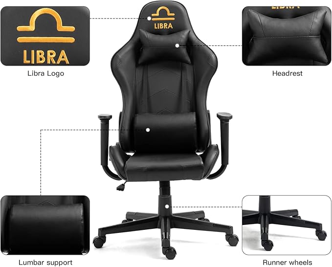 Modern-Depo Gaming Chair with Zodiac Star Sign Libra Astrology Logo Ergonomic Computer Chair with Headrest Lumbar Support Swivel and Recline Load Capacity 330 lbs Black
