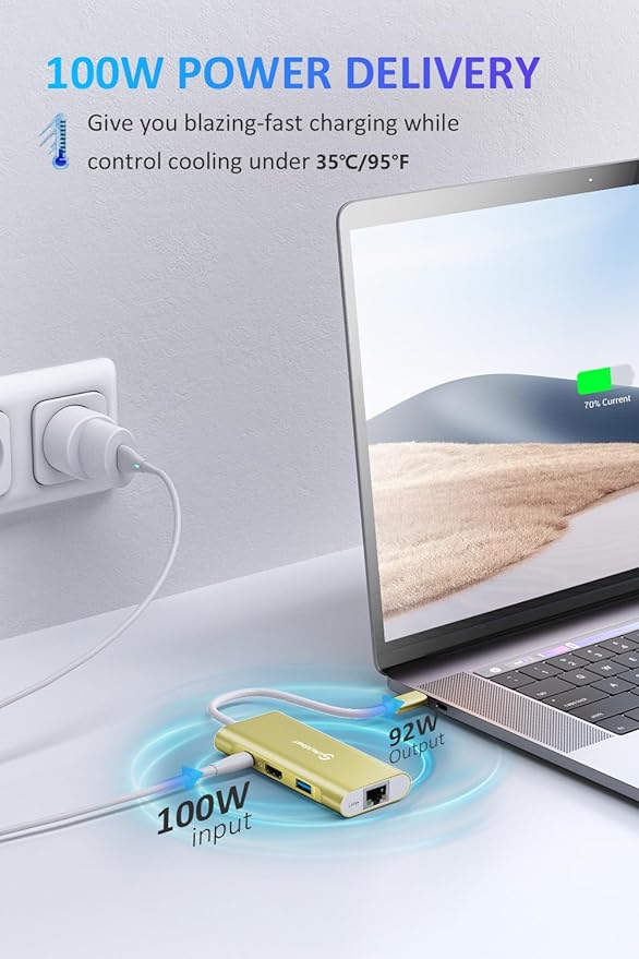 UtechSmart USB C Hub USB C Ethernet Multiport Adapter 6 in 1 USB C to HDMI Dock Compatible for MacBook Pro/Air Chromebook Dell XPS HP (Gigabit Ethernet 100W PD 4K HDMI USB 3.0)(Gold) UCN3273