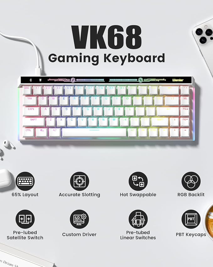 VK68 65% Gaming Keyboard Wired Backlit Mini Keyboard Ultra-Compact Anti-Ghosting No-Conflict 68 Keys Gaming Wired Keyboards for PC Laptop Windows Gamer White