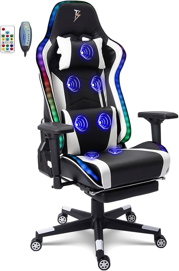 TBQATNTS RGB LED Gaming Chair with Seven-Point Massage FunctionComputer Chair with SpeakersErgonomic Chair with Footrest and Lumbar Support90°-180° Tilt Office ChairWhite