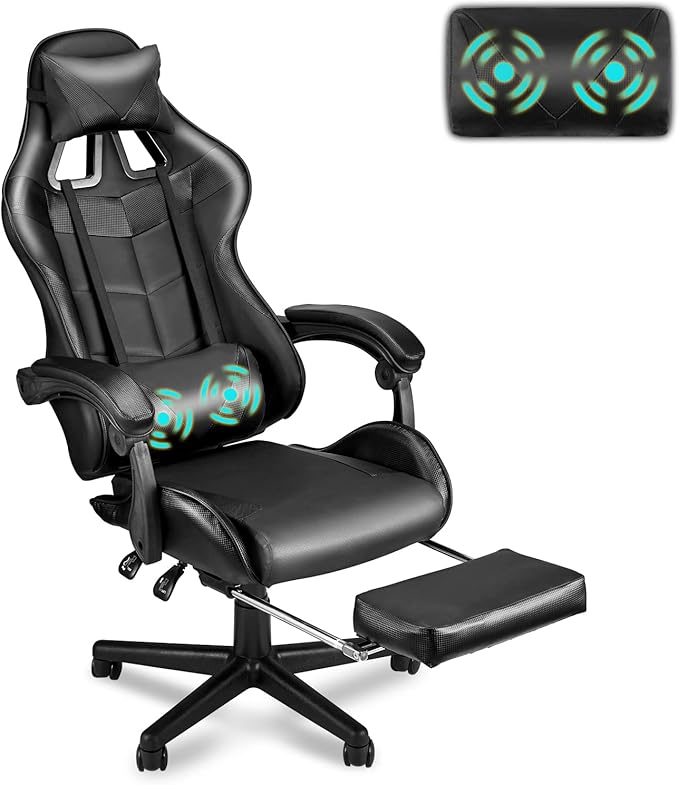 Soontrans Black Gaming Chairs with Footrest Ergonomic Gamer Chair Home Office ChairPC Computer Chair with Headrest and Lumbar Support(Dark Black)