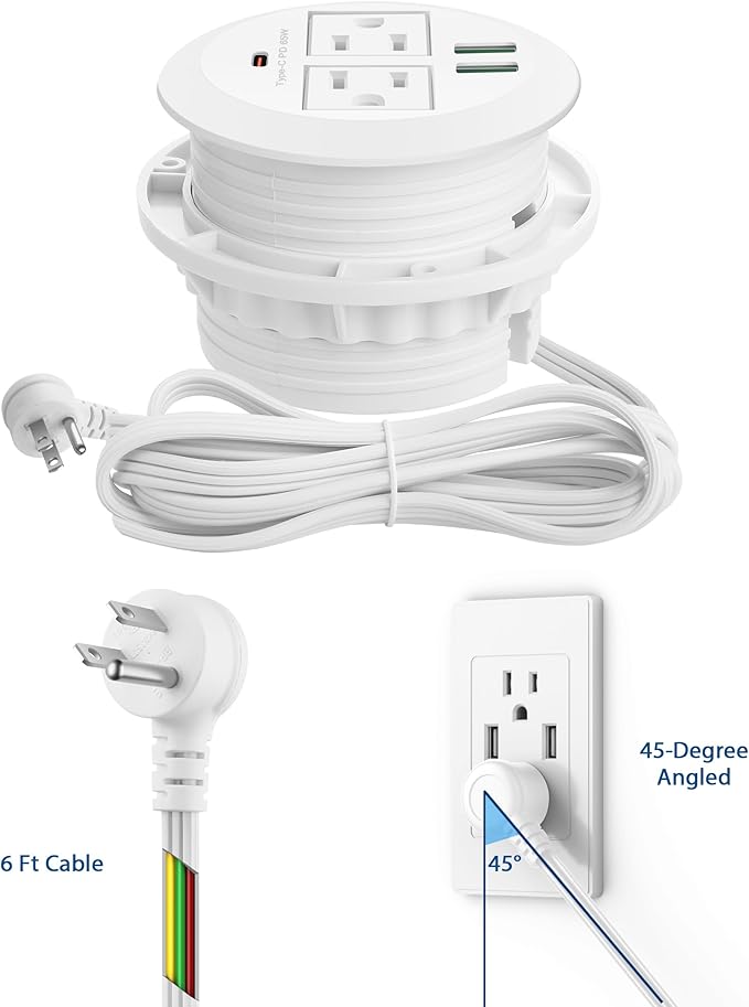3-inch Desktop Power GrommetMax 65W USB C Charger2 Outlets and 3 USB High-Speed Charging Station Flush Mount Desk Hole Round Power Outlet Recessed Power Strip6ft Cord Flat Plug