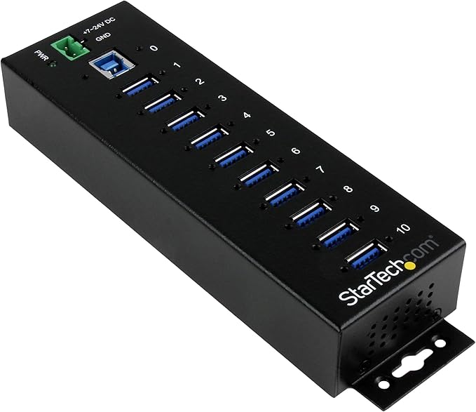 StarTech.com 10-Port USB 3.0 Hub - 5Gbps - Metal Industrial USB-A Hub with ESD &amp Surge Protection - Din Rail Wall or Desk Mountable - TAA Compliant USB Expander Hub (ST1030USBM)