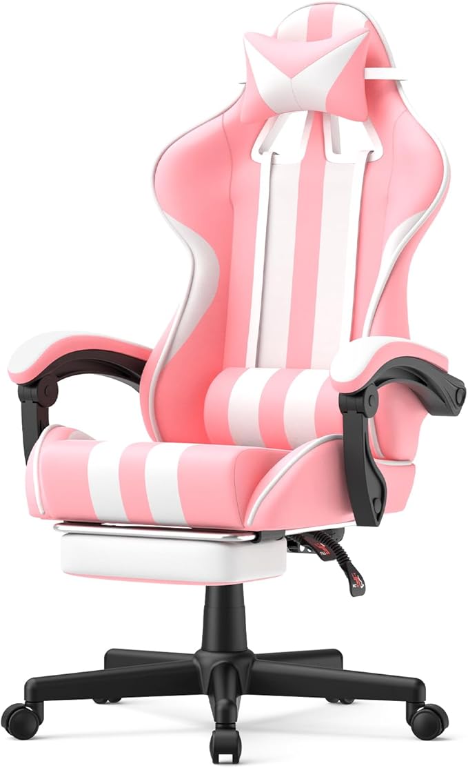 Huracan Gaming Chair with Footrest Adjustable Video Game Computer Chairs for Adults Reclining Backrest Office Desk Chair with Headrest and Lumba Pillow Pink