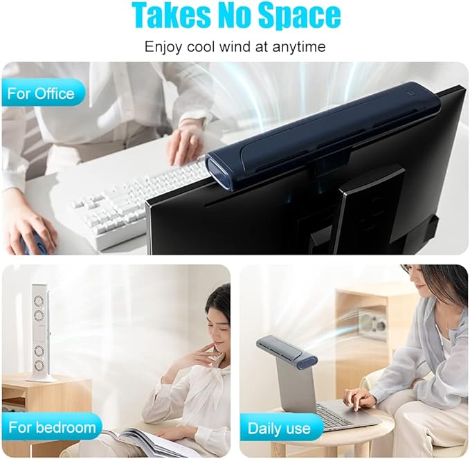Clip On Computer Fan Bladeless Monitor Clip On Fan Personal Cooling Fan for Office Quiet USB Desk Fan Small Tower Fan for Desk Suitable for Flat and Curved Monitor Laptop