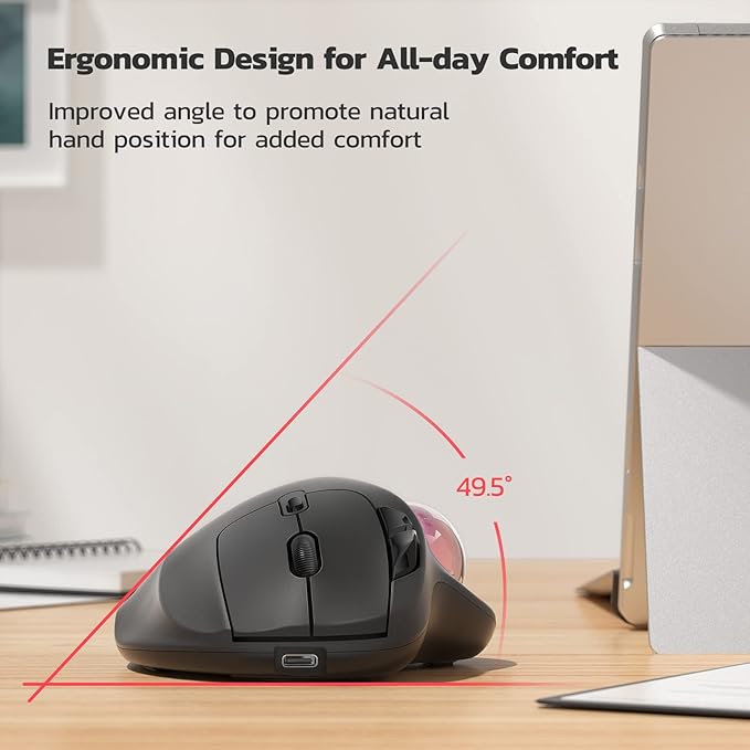 Nulea M501 Wireless Trackball Mouse Rechargeable Ergonomic Thumb-Controlled Smooth Precision 3-Device Connect (Bluetooth/USB) Fits PC Laptop Mac Windows（Dusty Pink）