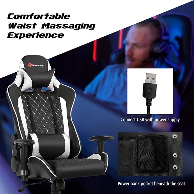 POWERSTONE Gaming Chair Gaming Recliner with Adjustable Armrest Massage Lumbar Pillow Wide Cushion Ergonomic Office Computer Chair for Adults White
