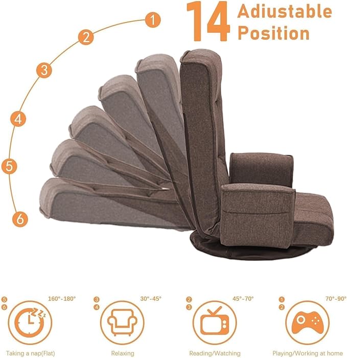 FLOGUOR 360 Swivel Gaming Chair 14-Position Adjustable Folding Floor Sofa with Armrests Lounger Bed for Home &amp Living Room Chaise Lounge Indoor for Adults QL201CO