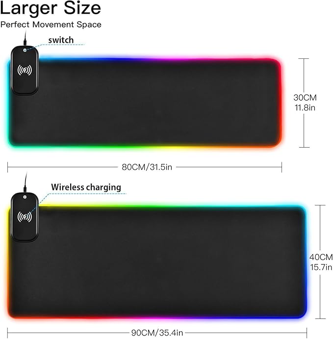 Black Mouse Pad Gaming Mousepad Non Slip Desk Mat Wireless Charging Computer Mouse Pads RGB Keyboard Mats Pad for Office Desktop Home 35.4 x 15.7 in