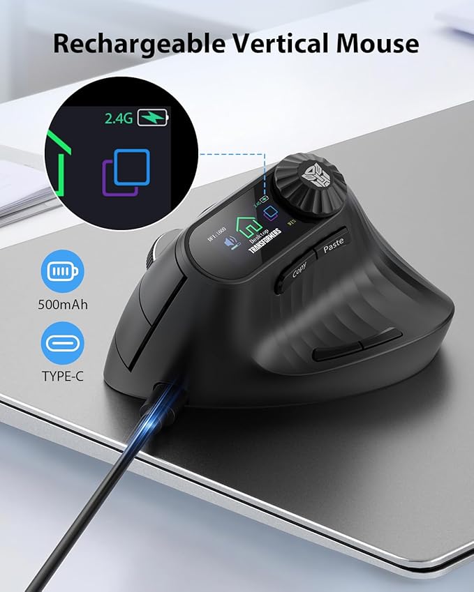 Transformers Vertical Ergonomic Mouse with LED Screen &amp Knob Control Rechargeable Vertical Mouse Wireless 3-Device Connectivity (2.4G + Dual Bluetooth) Quiet Clicks Computer Mice for PC/Mac/La