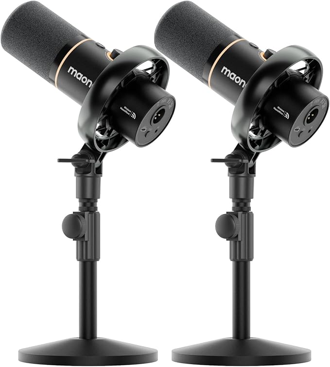 MAONO PD200W Hybrid Wireless Podcast Equipment Bundle for 2 XLR USB Dynamic Microphone Kit with 2 Desktop Stand Software Noise Cancellation for Co-hosted podcast Vocal Recording Content Creation