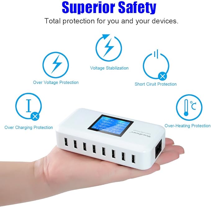 60W/12A 8-Port Desktop Charging Station Multiple USB Multi Port Travel Fast Wall Charger Hub with LCD for Smart Phones Tablet and More (White)