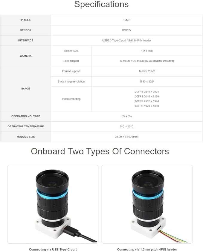 IMX577 12MP USB Camera (B) 3840 × 3024 Resolution Plug and Play 12MP high-Resolution USB2.0 Type-C Port Supports C/CS Lenses