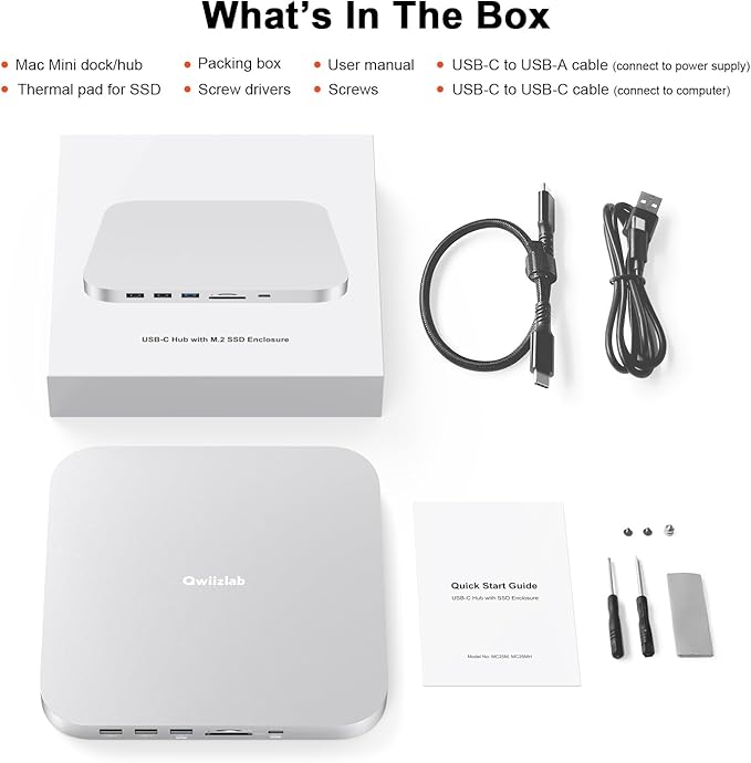 Qwiizlab Mac mini Hub with NVMe Enclosure Docking Stastion for Mac mini M2/M1 Mac Studio M4/M/3/M2/M1Type-C 10Gbps Card Readers 104MB/s HDMI 4K Fits M.2 SATA PCIe NVMe SSD (Silver)