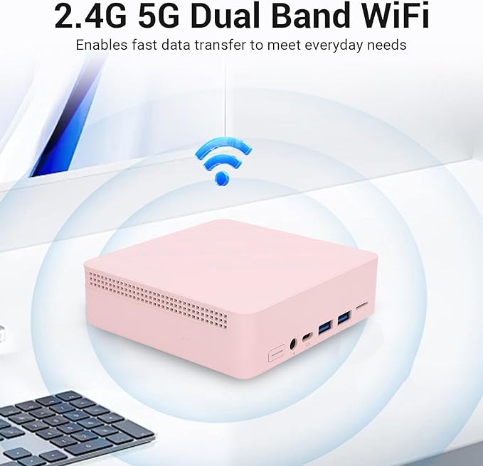 Jectse Small Computer Dual Band WiFi 4.2 USB Ports HD Multimedia Small PC for Home (8G and 256G Pink)