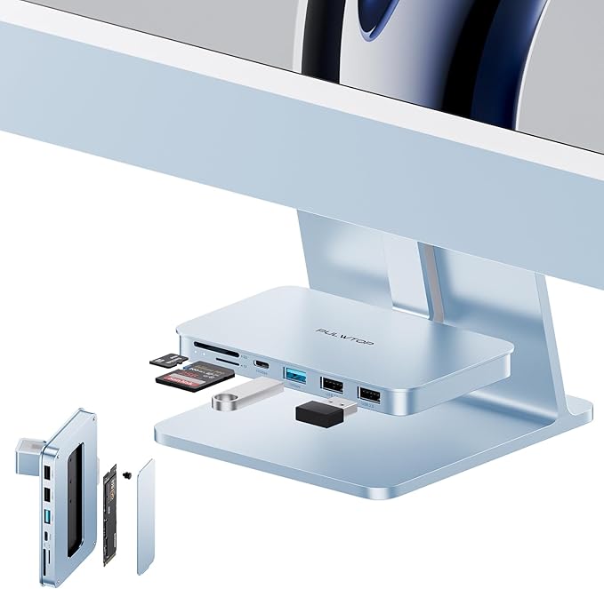 iMac Accessories for iMac24 inch 2021/2023/2024 PULWTOP iMac Hub with M.2 NVMe SSD Enclosurei-Mac USB C Hub USB A/C 10GbpsSD/TFi-Mac USB Adapter for iMac24 M1/M3/M4 or Studio Display 27 inch-Blue
