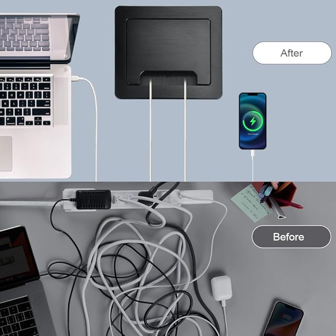Tabletop Brush Flip Connectivity Box with 2 AC Power + 2 USB Charger + HDMI + 1 3.5mm Audio + USB-C Data + RJ45(cat6) for Conference Room (Black)
