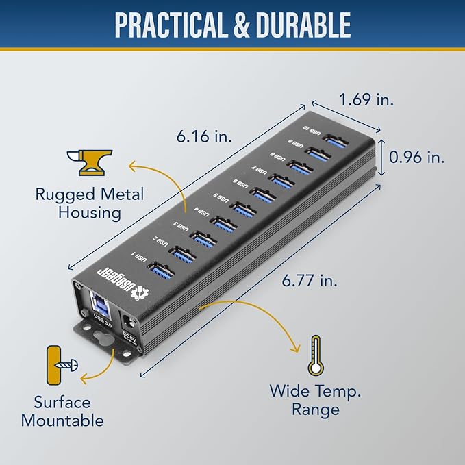 USBGear 10-Port USB Hub 3.2 Gen 1 – Mountable SuperSpeed Data Hub with USB Ports for Laptop PC Desktop and More 5V/4A Power Adapter with Type-A to Type-B Cable (3ft) Computer Accessories