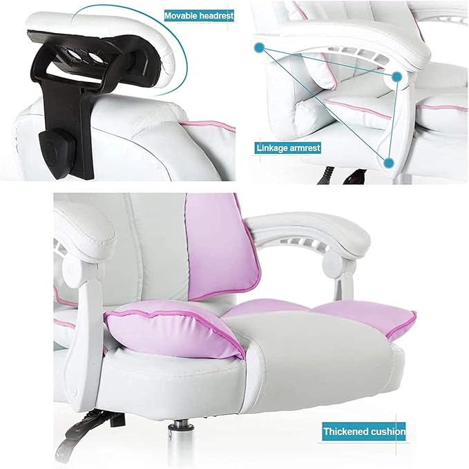Katzowen Office Computer Chair Pink Gaming Chair for Girls Ergonomic Office Chair with Headrest Pu Leather Executive Chair Adjustable Reclining with Footrest Pink (Color : Pink)