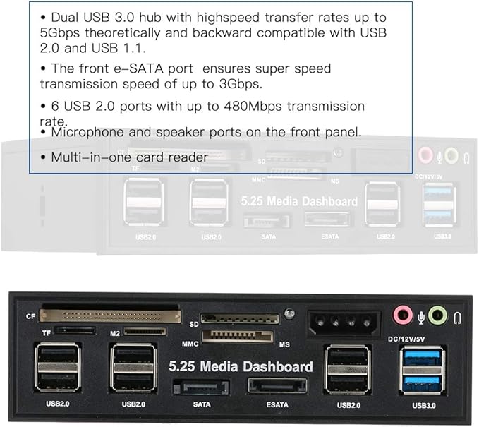 Multi-Function USB 3.0 Hub eSATA SATA Port Internal Card Reader PC Dashboard Media Front Panel Audio for SD MS CF TF M2 MMC Memory Cards Fits 5.25