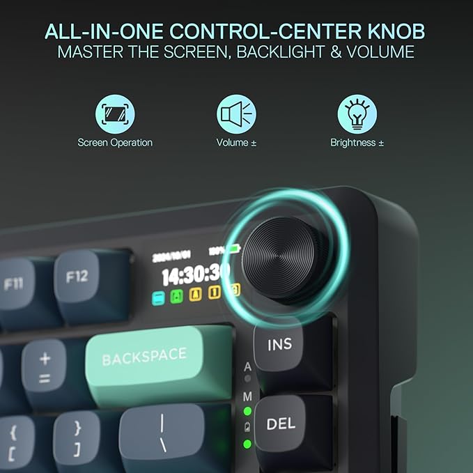 Redragon K724 PRO Wireless Gasket Gaming Keyboard w/Hype Screen &amp Knob 81-Key Mechanical Keyboard Easy-Control 1.14’’ TFT Info Display 5-Layer Noise Dampening Custom Linear Switch Dark Jade C