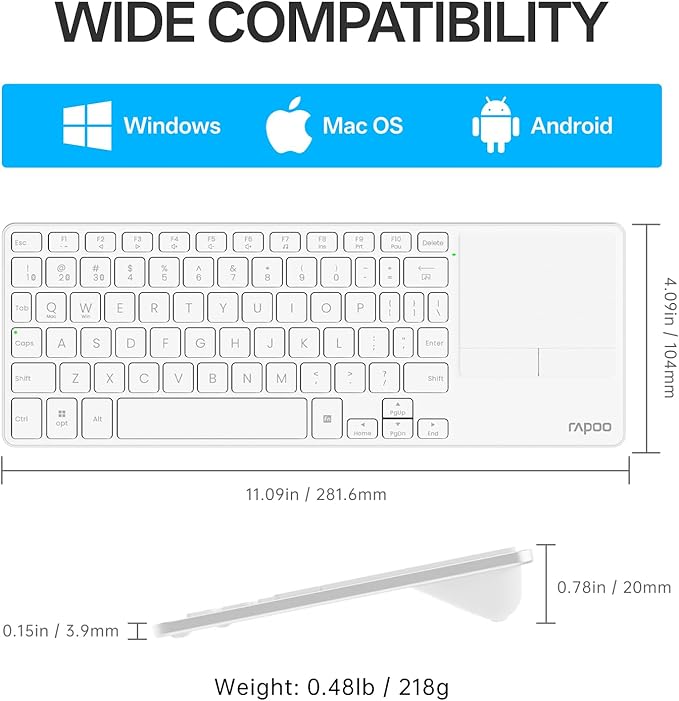 Rapoo Portable Wireless Keyboard with Touchpad Multi-Device HTPC Keyboard for PC-Connected TV/Tablet/Steam Deck/Gaming Console/Raspberry Pi/Mini PC - Support Touch Gestures for Windows &amp Mac
