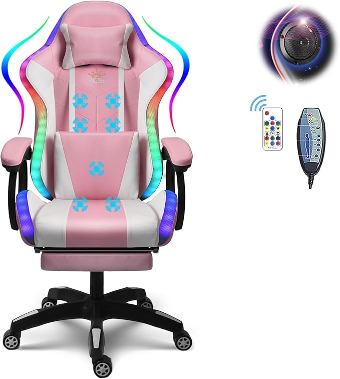 Gaming Chair with Speakers and RGB Lights Video Game Chairs Ergonomic Pro Office Chair with Full Massage Lumbar Support 90°-135° Backrest Adjustable Computer Chairs with FootrestPink