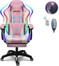 Gaming Chair with Speakers and RGB Lights Video Game Chairs Ergonomic Pro Office Chair with Full Massage Lumbar Support 90°-135° Backrest Adjustable Computer Chairs with FootrestPink