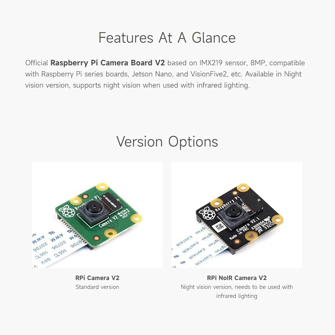 RPi Noir Camera V2 Kit for Raspberry Pi Official Infrared Night Vision Module Sensor 8-megapixel 3280×2464 1080p V2.1 for Raspberry Pi 5 4 Zero CM3/3+/4 Jetson Nano VisionFive2 @XYGStudy