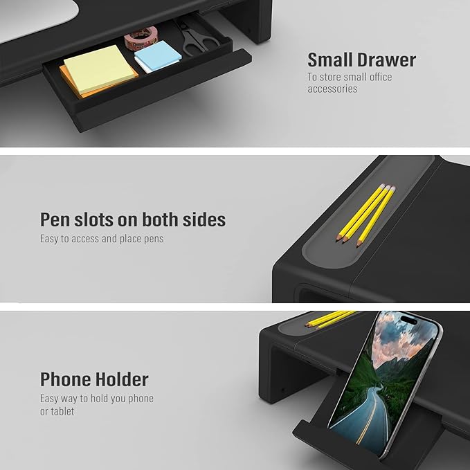 OImaster Monitor Stand Riser Foldable Computer Monitor Riser Adjustable Length Computer Stand and Storage Drawer &amp Pen Slot Phone Stand Compatible Computer Desktop Laptop Save Space (Black)