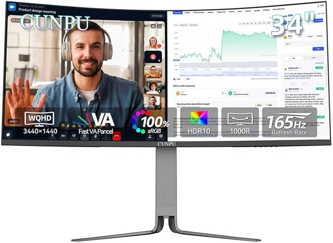 34 Inch Ultrawide Productivity Curved Monitor 65W USB-C &amp KVM 3440x1440 WQHD 165Hz 21:9 R1000 Display 100% sRGB for Work and Gaming 4000:1 Height Adjustable PIP/PBP HDMI DisplayPort