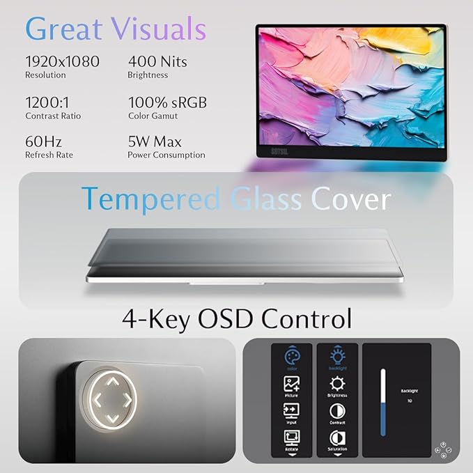 SOTSU FlipAction Go 14 Premium Portable Monitor | Full HD 1080p | 400 Nits | 100% sRGB | Robust yet Lightweight | Pivoting Landscape &amp Portrait Display | Tempered Glass Cover | USB-C &amp Mini H