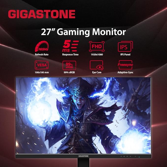 Gigastone 27 inch IPS LED Back Light Gaming Monitor 165Hz FHD 1920 x 1080 178° Wide View Frameless PC Monitor Built-in Speakers FreeSync Eye Care Technology Ergonomic Tilt VESA MountDPHDMI