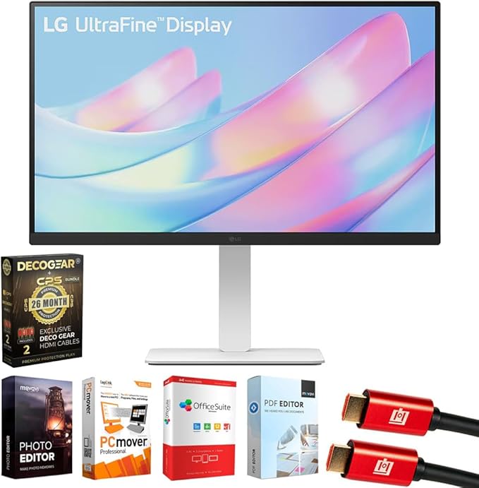 LG 27US550-W 27 4K 3840x2160 UHD Ultrafine HDR10 IPS Borderless Design PC Monitor Bundle with Elite Suite 18 2X HDMI Cable and Deco Gear CPS Exclusive 26 Month Protection Pack (BEACH-CPS-26M500)