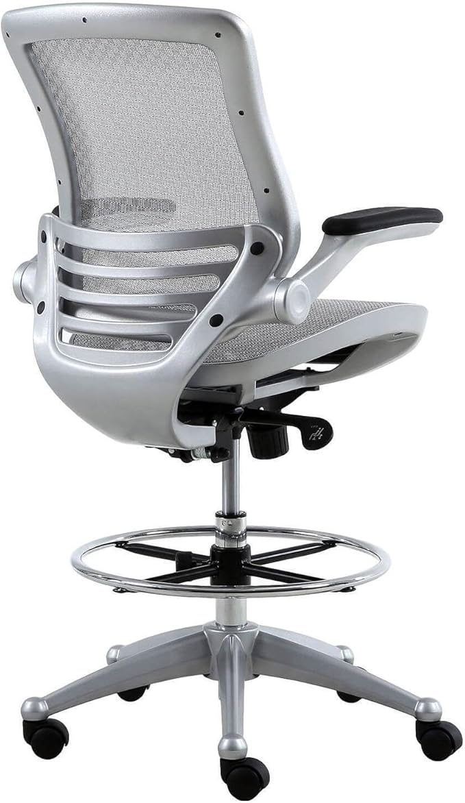 Maykoosh Mesh Drafting Chair - Adjustable Height &amp Lumbar Support - Heavy Duty Rolling Chair - Platinum