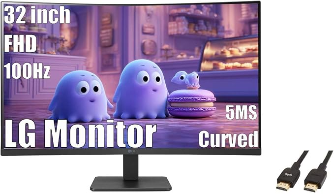 LG 32 inch Curved Monitor FHD VA Display 100Hz 5ms AMD FreeSync Dynamic Action Sync Black Stabilizer Reader Mode Flicker Safe Auto Input Switch OnScreen Control with 5ave HDMI4 Cable