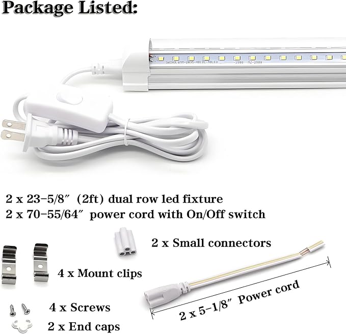 KALINA T8 V-Shape Integrated Single Fixture 2FT Led Tube Light 1680lm 6000k White 15W Utility Shop Light Ceiling and Under Cabinet Light Corded Electric with Built-in ON/Off Switch (Pack of 2)