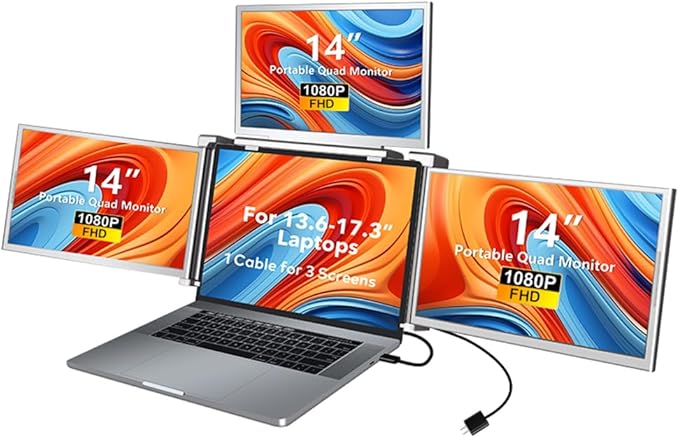 14 inches Lap Expansion Screen 1080P FHD Portable Quad-Screen Monitor able &amp Rotatable Design Driver Quick Installation with 1 Cable for 3 Displays for Windows MacOS for 13.6-17.3 inch Lap