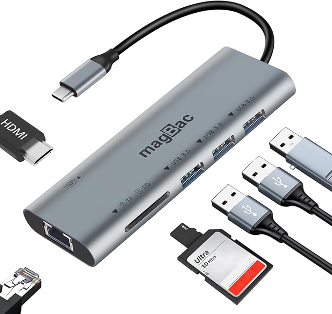 MagBac USB C Docking Station 7 in 1 USB C HUB Multiport Adapter with 3 5Gbps USB A Port 1 HDMI 4K@30Hz Gigabit Ethernet SD/TF Card Slot for Windows and MacOS Laptop with Full-Featured Type C Port