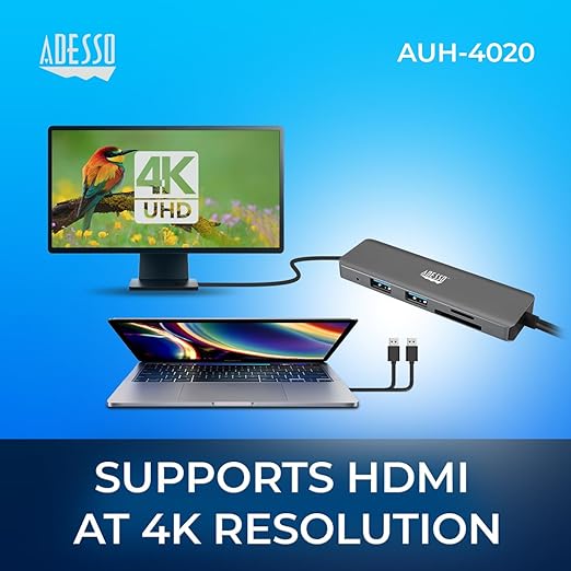 Adesso USB C Docking Station Multiport Adapter Dongle Type C Hub HDMI Support 4K@30Hz PD Charging 2*USB SD/TF Card Reader for MacBook Windows Laptop (TAA Compliant)