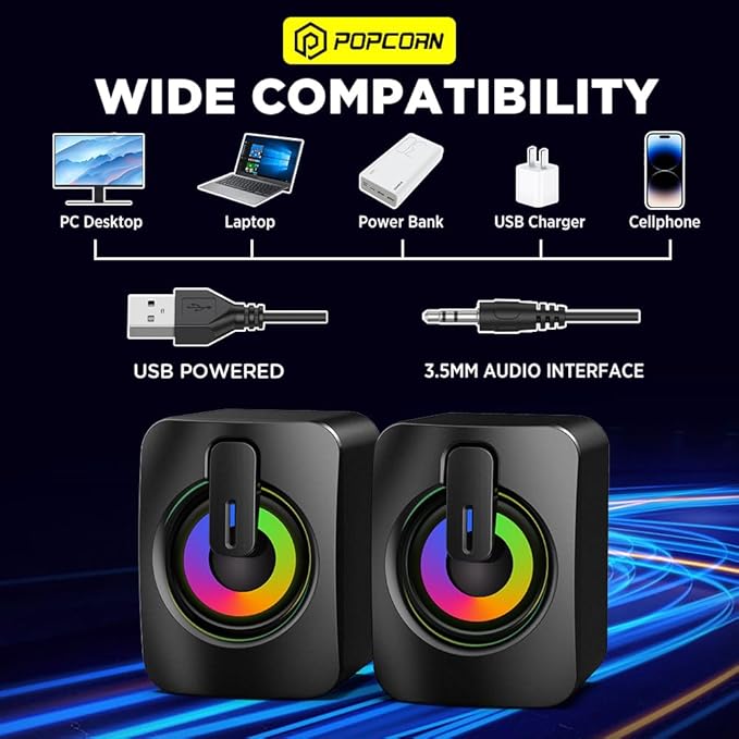 Computer Speakers Bluetooth Soundbar HiFi Stereo 3.5mm Auxiliary Input Connection USB Powered Speakers for Desktop Monitor PC Laptop Tablet