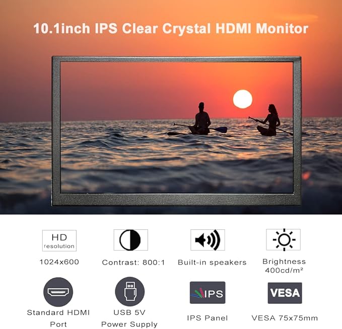 HDMI Monitor 10 inch IPS Small 1024x600 Portable Display Portatil 10.1 inch LCD Display Metal Shell Mini Screen for PC Laptop Raspberry Pi 4 3