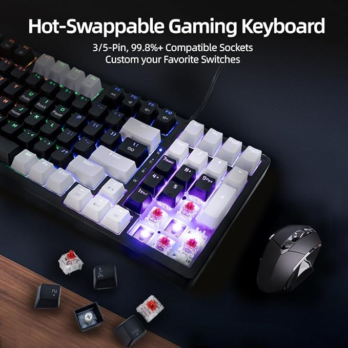 WJX Wired Gaming Mechanical Keyboard Creamy&ampSilent Keycaps RGB Backlit Number Pad MX Cherry Style Cool LED Light PBT Keycaps Hot Swappable USB Keyboard (Black)