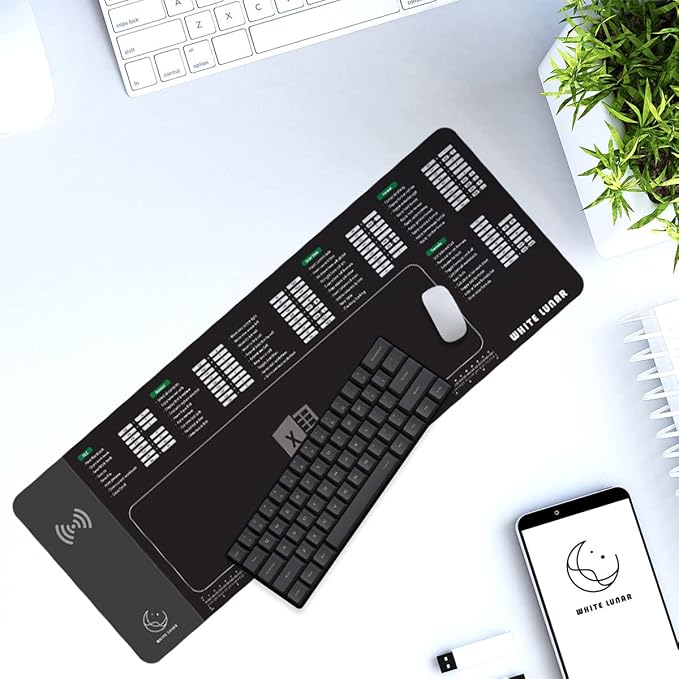 White Lunar] Wireless Charging Mouse Pad with Excel Shortcuts – 15W Fast Charger for iPhone &amp Galaxy Large Desk Mat for Windows Users Home Office Productivity &amp Gift Idea