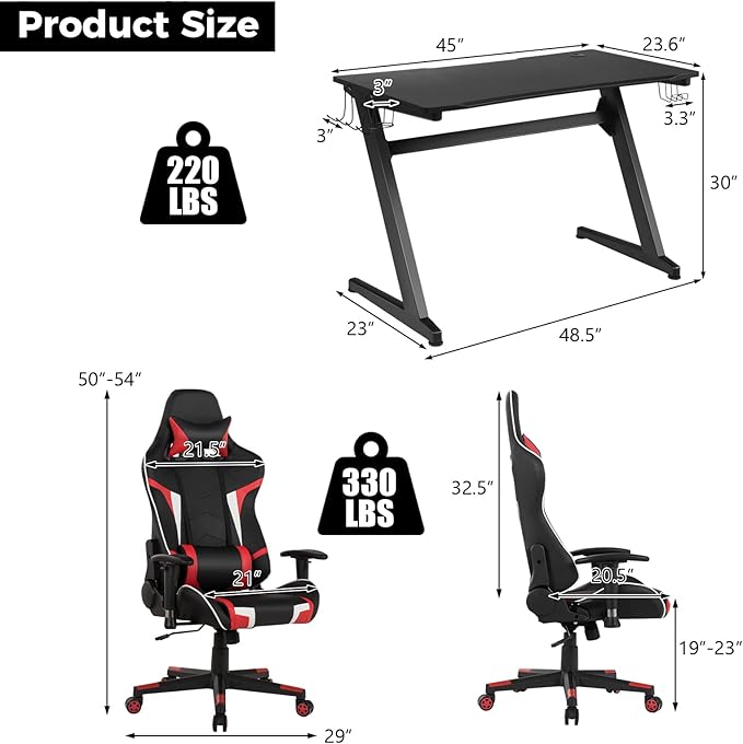 GYMAX Gaming Chair Massage Gaming Chairs for Adults with Headrest Lumbar Support &amp Armrest Video Computer Reclining Gaming Chair Office Desk Gamer Task Chair (Red Chair with Black Z-Shape Desk