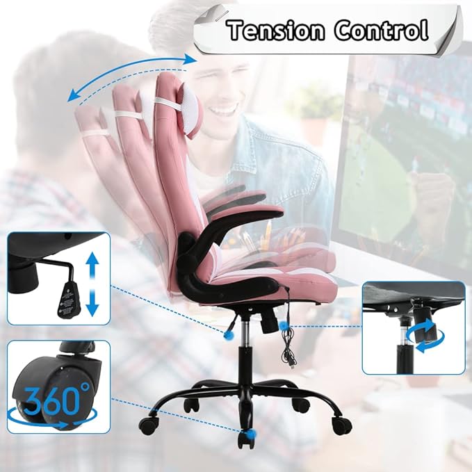 Ergonomic Gaming Office Chair - High Back Executive Computer Chair with Lumbar Support &amp Flip-Up Arms PU Leather Adjustable Swivel Chair for Women/Men Height Adjustable Massage Desk Chair (Pink)