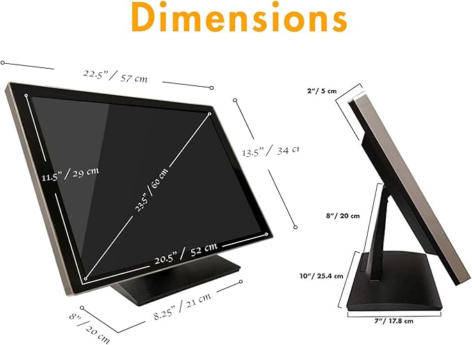 ANGEL POS 23.6 Commercial Grade Metal Housing Capacitive LED Capacitive Multi-Touch HDMI VGA Monitor 16:9 Display 1920 x1080 Splash Proof Touchscreen Industrial Office Retail Restaurant