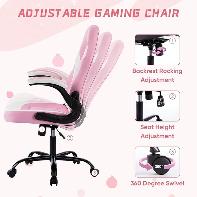 OLIXIS Computer Gaming Desk Chair - Big and Tall Ergonomic Lumbar Support with Flip-up Armrest and 360° Swivel Wheels PU Leather Height Adjustable for Home and Office Pink