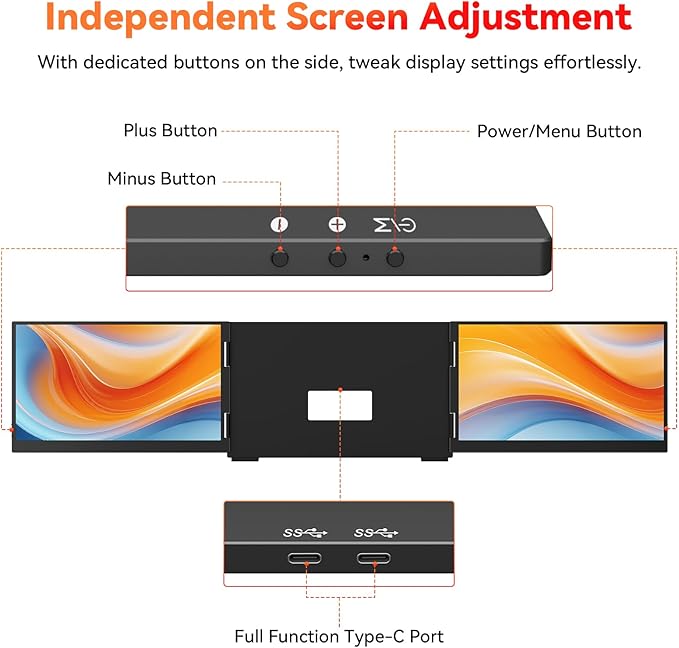 HotYeah Laptop Screen Extender (Windows Only) 15.6 1080P Dual Extended Monitor USB-C Travel Screen for 12-17 Laptop Triple Portable Monitor w/Kickstand &amp 240° Rotation One Cable Connection
